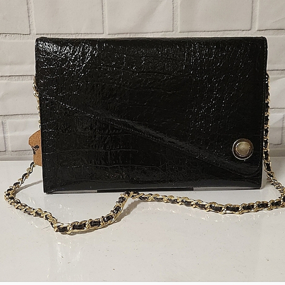 Vintage black leather croc print clutch bag